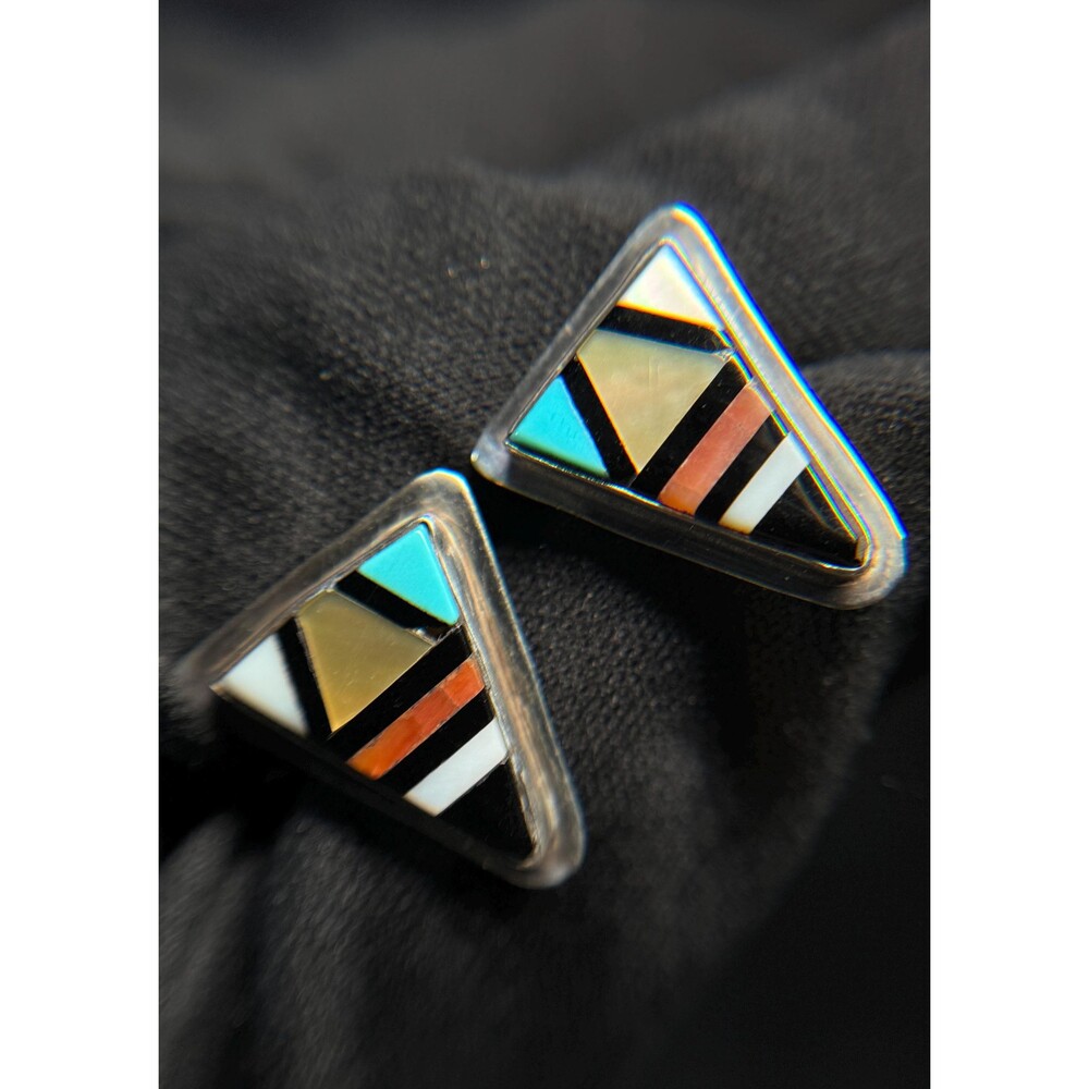 Zuni Sterling Silver Inlay Triangle Stud Earrings Turquoise Coral MOP Onyx
